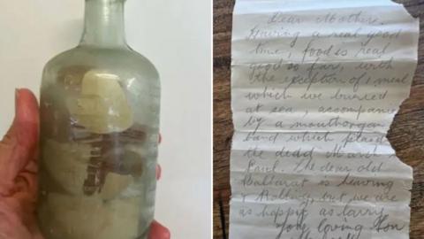 A split image of a message in a bottle and a letter.