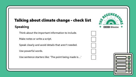 A series of points to consider when talking about climate change with tick boxes next to them.