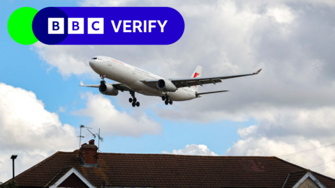 A photo of a plane circulating Heathrow and passing over a house.