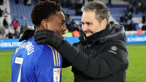 Leicester boss Marti Cifuentes (right) hugs player Abdul Fatawu after he scored the Foxes' winner against West Brom