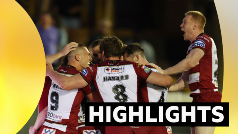 Wigan Warriors' Liam Farrell celebrates scoring a try