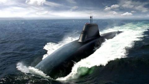 An artists' impression of a dark, metal submarine sailing south west into the frame with the water breaking wither side