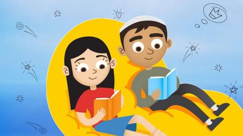 Illustration of a girl and boy sat on a yellow chair reading books.