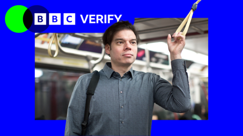 A graphical composite image showing a man using public transport next to the BBC Verify logo.