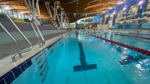 A general view of the pool at the Aquasplash facility in St Helier. The pool is empty. The photo is taken from one of the outisde lanes.