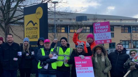 Staff outside Stockton Riverside College at an earlier strike held in December