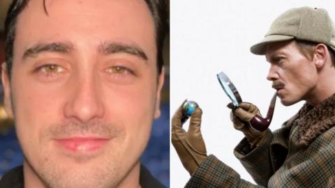 Montage: Close-up of actor Ronnie Burden who has hazel eyes, thick, dark eyebrows and dark hair; stock image of a man dressed up as Sherlock Holmes from the side wearing a checked cap with fur collar, holding a magnifying glass in one had and a mini globe in the other. He also has a dark brown pipe in his mouth 