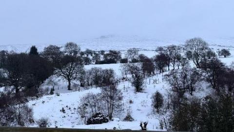 A snow covered landscape with dark trees on the hills