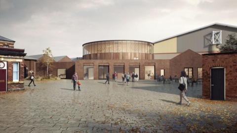 An artist's digital impression of a large, paved square with red brick buildings surrounding it. One is a large, dome-like structure.