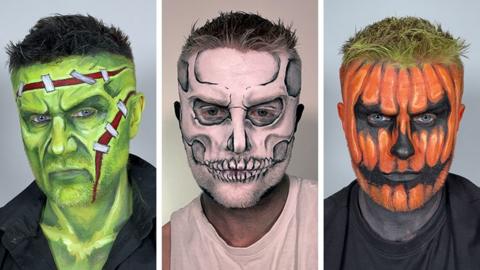 Three Halloween makeup looks. From left to right: A Frankenstien makeup look, a skull and a pumpkin