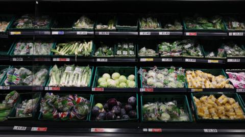 A fruit and vegetable display in a British supermarket
