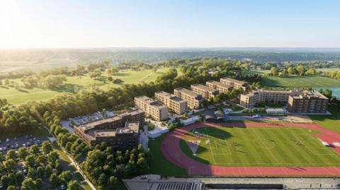 Artist's impression of new student flats at campus seen from above. There are eight blocks next to a football field with trees around it.