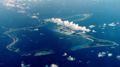 An aerial image of Diego Garcia in the Indian Ocean