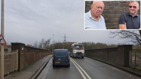 A blue van and a white lorry are seen going in opposite directions over Ditton Bridge, with an inset photo of Terry Colquitt in a pale patterned shirt and John Anderton in a navy blue polo shirt with sunglasses, pictured on Ditton Bridge