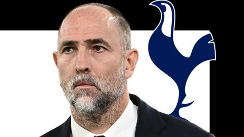 Igor Tudor in front of a white and black background and the Tottenham Hotspur club badge
