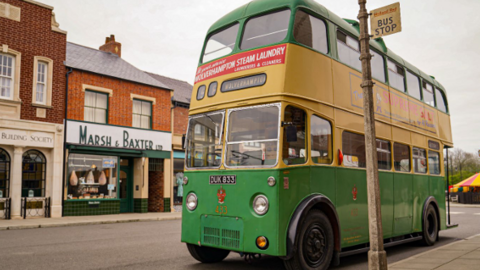 A green and yellow double decker bus is parked at a bus stop on the new high street. Old shops form the time can been seen behind it. One is called Marsh and Baxter.