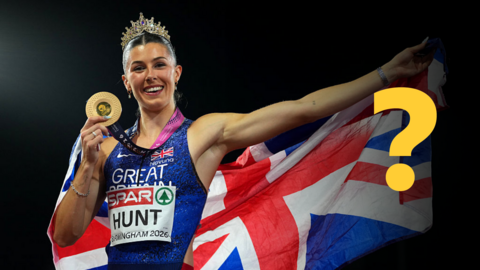 Amy Hunt holding a gold medal and British flag next to a yellow question mark overlay