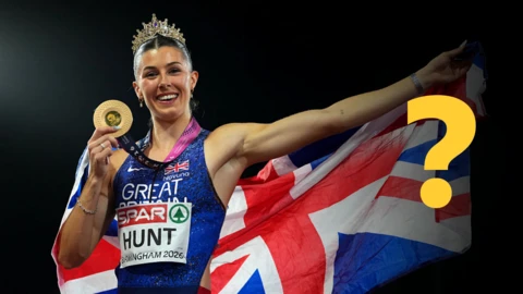 Amy Hunt holding a gold medal and British flag next to a yellow question mark overlay