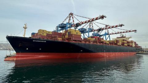 FILE PHOTO: The Epaminondas container ship, in Naples, Italy March 12, 2025, in this picture obtained by Reuters on April 22, 2026.