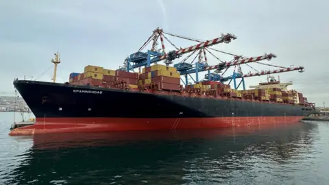 FILE PHOTO: The Epaminondas container ship, in Naples, Italy March 12, 2025, in this picture obtained by Reuters on April 22, 2026.