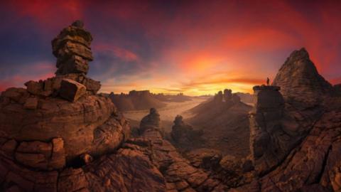 A panoramic image of a rocky landscape.