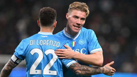 Rasmus Hojlund and Giovanni Di Lorenzo celebrate for Napoli