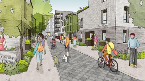 An architect's drawing of a pedestrianised street which is labelled MILLBAY MEWS. There is a man walking two dogs on leads and two cyclists on the lane. A woman with a yoga mat and a backpack is walking down the pavement and there are other people walking on it and a man wearing a beret holding two walking sticks is standing on the corner. There are flower beds and window boxes alongside the two and four storey buildings lining the road.