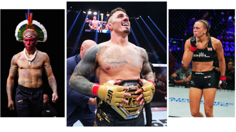 Split image of Alex Pereira in face paint, Tom Aspinall with his UFC belt and Dakota Ditcheva shushing the crowd