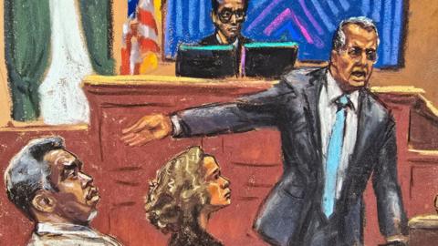 Sean "Diddy" Combs listens as his lawyer Marc Agnifilo makes his closing arguments during Combs' sex trafficking trial in New York City