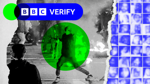 A collage of a protester on the streets of Tehran, Iran in black and white but it is clear there is a fire burning behind them. On the right-hand side of the image leaked photos are presented in a gridded face wall showing some of the 392 faces sent to BBC Verify. The photos of dead victims show close up images of their blurred faces in the colour blue..