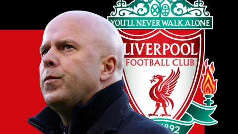 Arne Slot in front of a red and black background and the Liverpool club badge