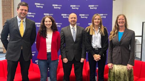 Chris Coghlan, Nadia Burrells, Craig Young, Marisa Heath, Lisa Scott in BBC Radio Surrey offices