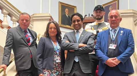 Reform's Doge team during a visit to Kent on Monday, left to right advisor Arron Banks, Kent County Council (KCC) leader Linden Kemkaran, Reform UK chairman Zia Yusuf, head of Reform Doge Nathaniel Fried, Brian Collins, deputy leader of KCC

