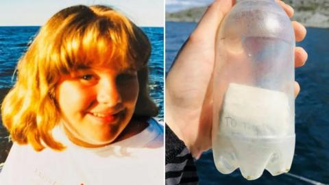 Alaina Beresford and a bottle  with a message in it.