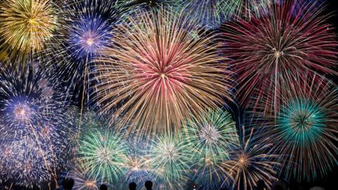 Stock image of large, bright, colourful fireworks in a dark night sky as people watch from nearby