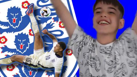 Bellingham bicycle kick and a young boy celebrating in front of the Three Lions logo. 