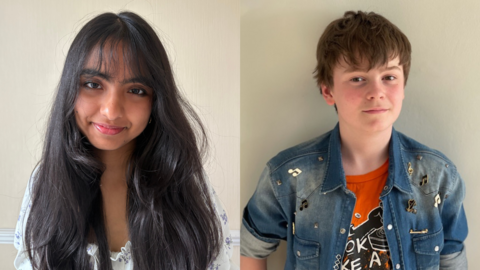 Headshot photos of 14-year-old Tanisi and 13-year-old Thiago. Tanisi has long black hair and is smiling at the camera. She has a white coloured top. Thiago has short brown hair. He is wearing a denim jacket covered in gold-coloured musical note over a orange t-shirt.