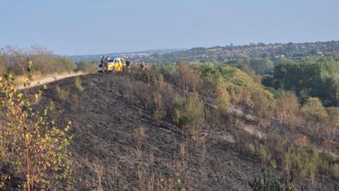 An area of hillside, the side of which has been severely damaged by a fire. There are charred remains of grass and shrubbery which was growing there and a large section of earth has been reduced to ash. There is a pick-up truck with red and yellow fire service branding on the side of it.