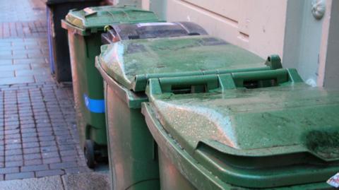 Three green wheelie bins and one grey wheelie bin lined up against a wall