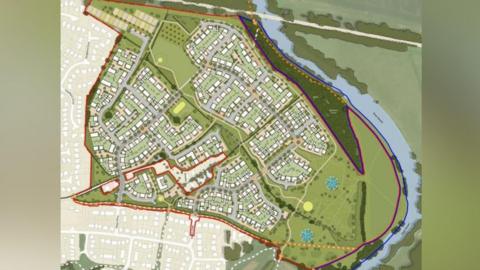 An aerial colour diagram of the proposed development. A group of houses are outlined on green land with a red line. They border existing houses to the left and below the development, which are depicted in white. To the right are open fields and the River Severn winding from the top to the bottom.