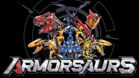 Armorsaurs logo with robot dinosaurs against a black background