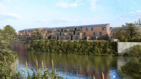 An artist's impression of a row of homes on a steep bank overlooking a river and greenery