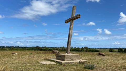 A large wooden cross in a field with cattle grazing around it. The cross is tilting backwards. 