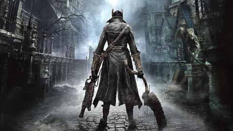 An animated scene shows a character with horns and a long jacket is holding weapons. They are looking out at a stoned path and stoney buildings. The lighting is moody and there is a shot of light down the middle.