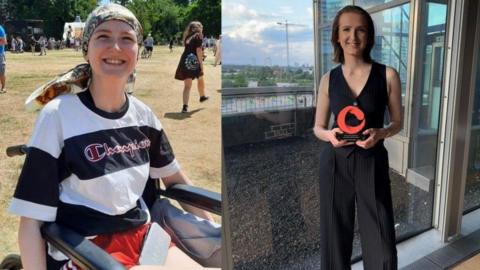 The first image in this photo montage shows Lucy Wiswould-Green smiling while sitting in a wheelchair and with a headscarf surrounded by other people, grass and trees. The second image shows her in a dark waistcoat top and trousers, smiling and holding an award