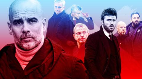 Pep Guardiola and Man Utd managers, with the Man City boss in a red and blue tinted composite picture with Jose Mourinho, Ole Gunnar Solskjaer, Ralf Rangnick, Michael Carrick, Erik ten Hag and Ruben Amorim