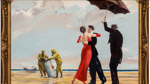 Crude Oil (Vettriano) by Banksy shows a couple dancing on a storm-swept beach accompanied by their butler and maid, but with two figures in yellow hazmat suits disposing of an oil drum in the background.