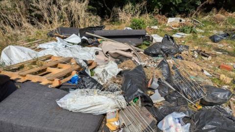 Image shows a large patch of grass covered in rubbish. There multiple black bags, a wooden pallet, sofa cushions and washing lines.