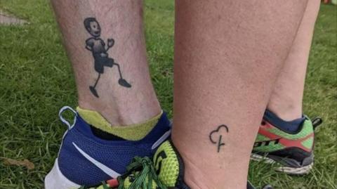 Two ankles with small tattoos