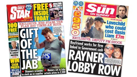 The Daily Star and The Sun on Sunday front pages are pictured next to each other. The Star features a photo of an overweight man next to the headline "the gift of the jab" while the Sun's headline reads "Rayner lobby row". 